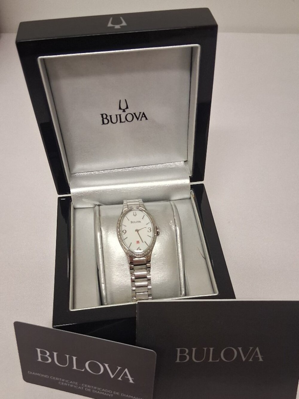 Ladies' Bulova Diamond Accent Watch with White Oval Dial Model: 96R192